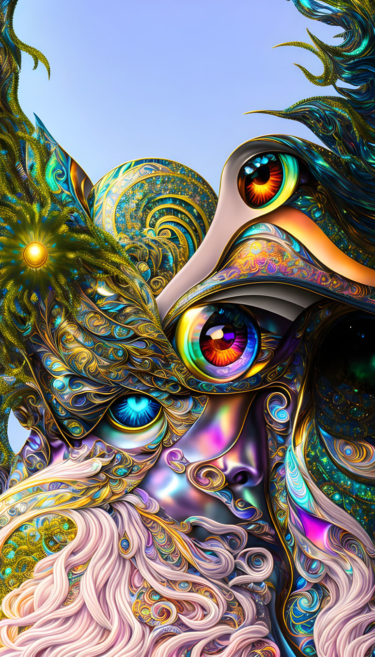 Colorful Psychedelic Abstract Face with Multi-Colored Eyes