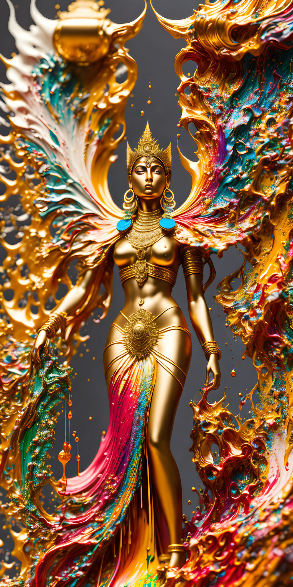 Golden female figure statue with traditional adornments in vibrant liquid colors on gray background