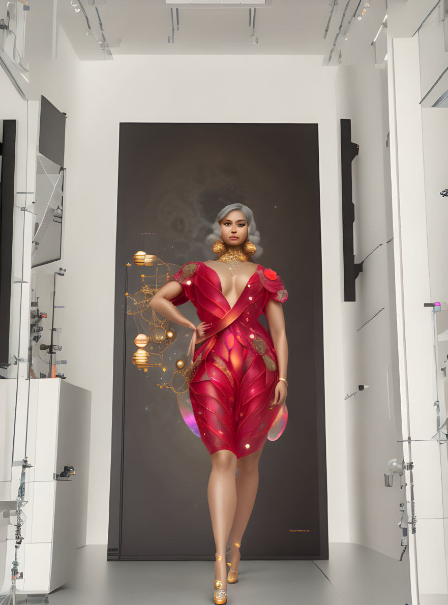 Stylish futuristic woman in red and gold attire at art gallery