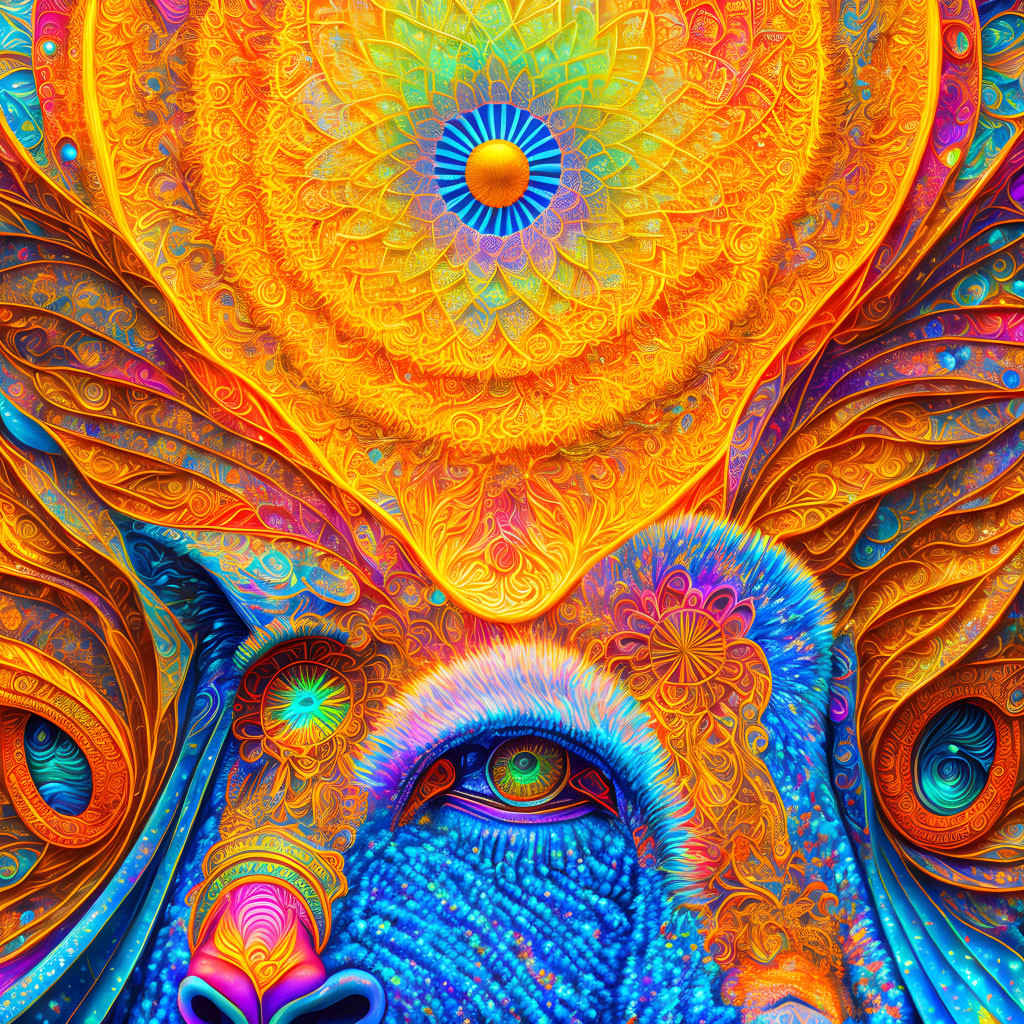 Colorful Psychedelic Artwork with Intricate Patterns and Multiple Eyes