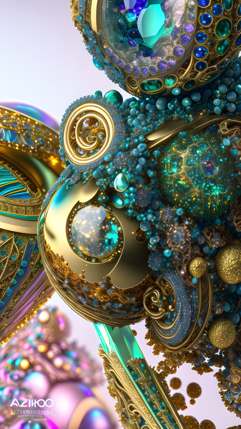 Detailed Golden and Turquoise Fractal Artwork