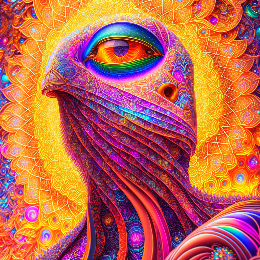 Colorful digital artwork of ornate bird creature with single eye