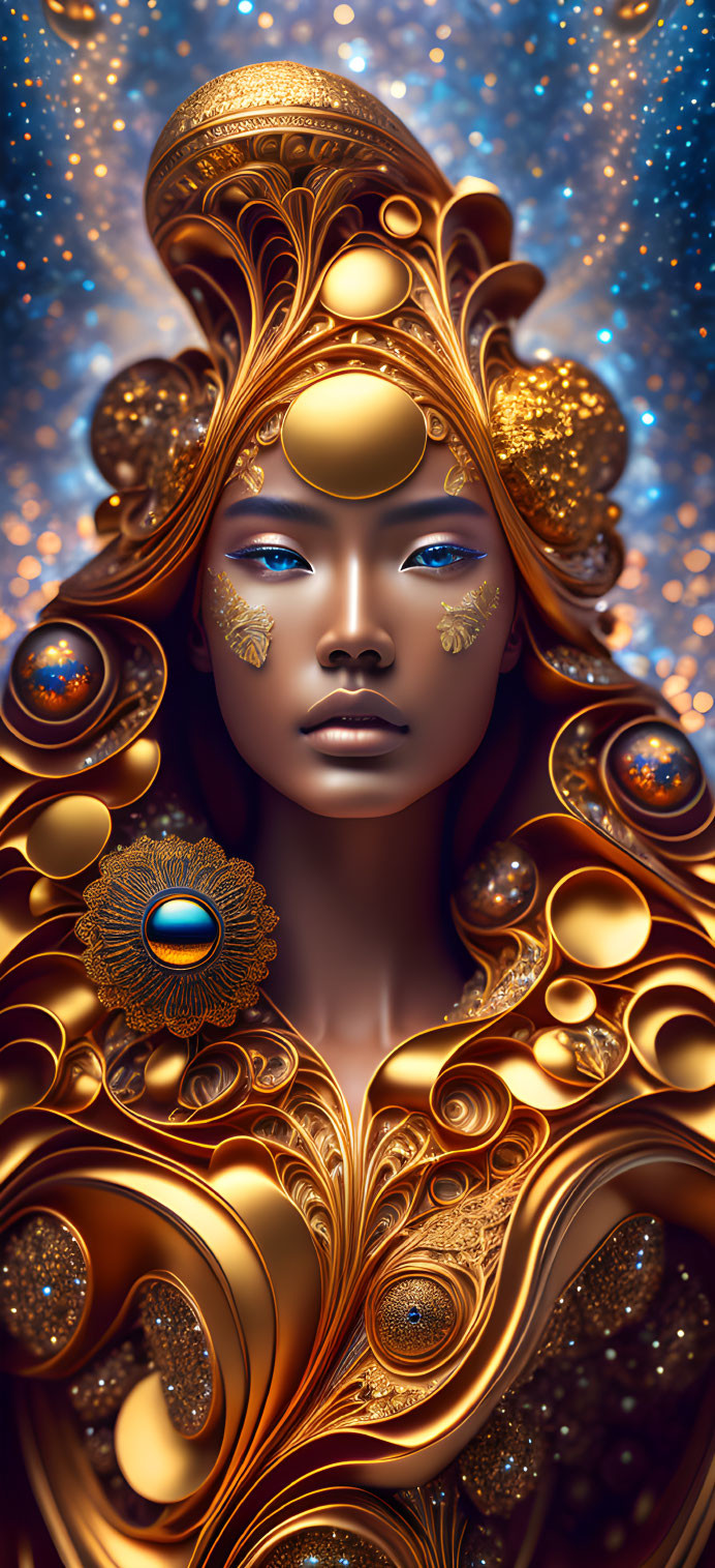 Intricate gold-adorned woman portrait with celestial blue background