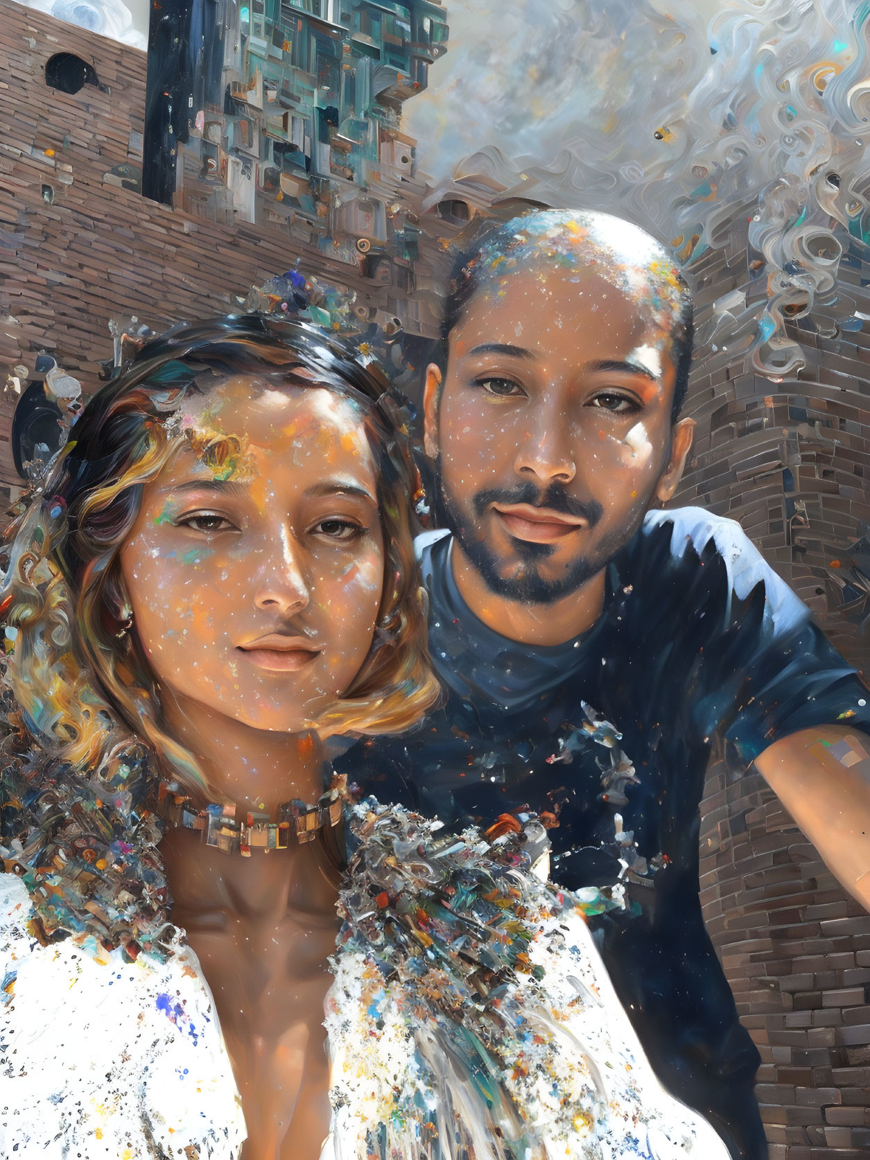 Impressionistic digital art: man and woman with vibrant color splashes against brick backdrop