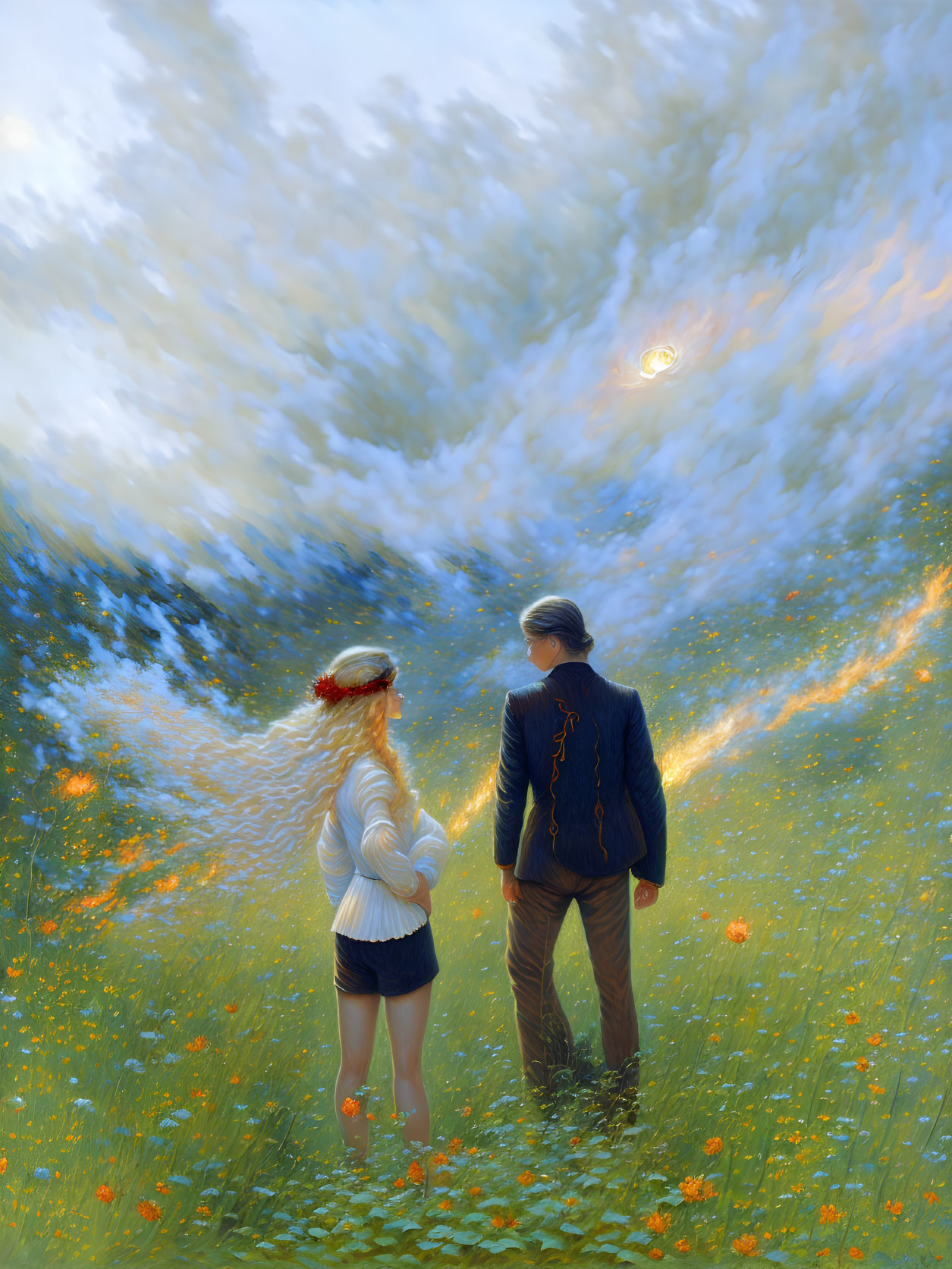 Couple in blooming field under swirling sky with bright object