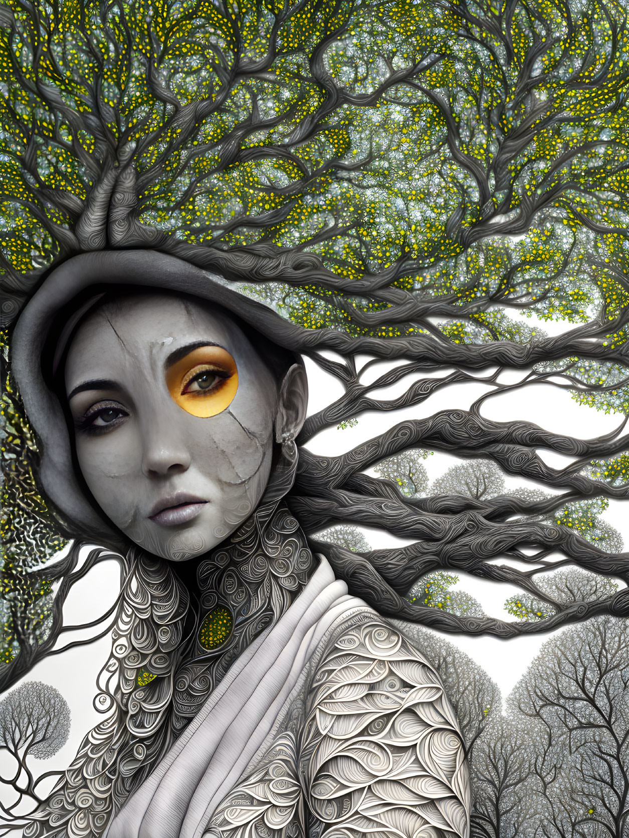 Surreal illustration: Woman with tree branch hair, golden eye, intricate skin patterns, nature outfit