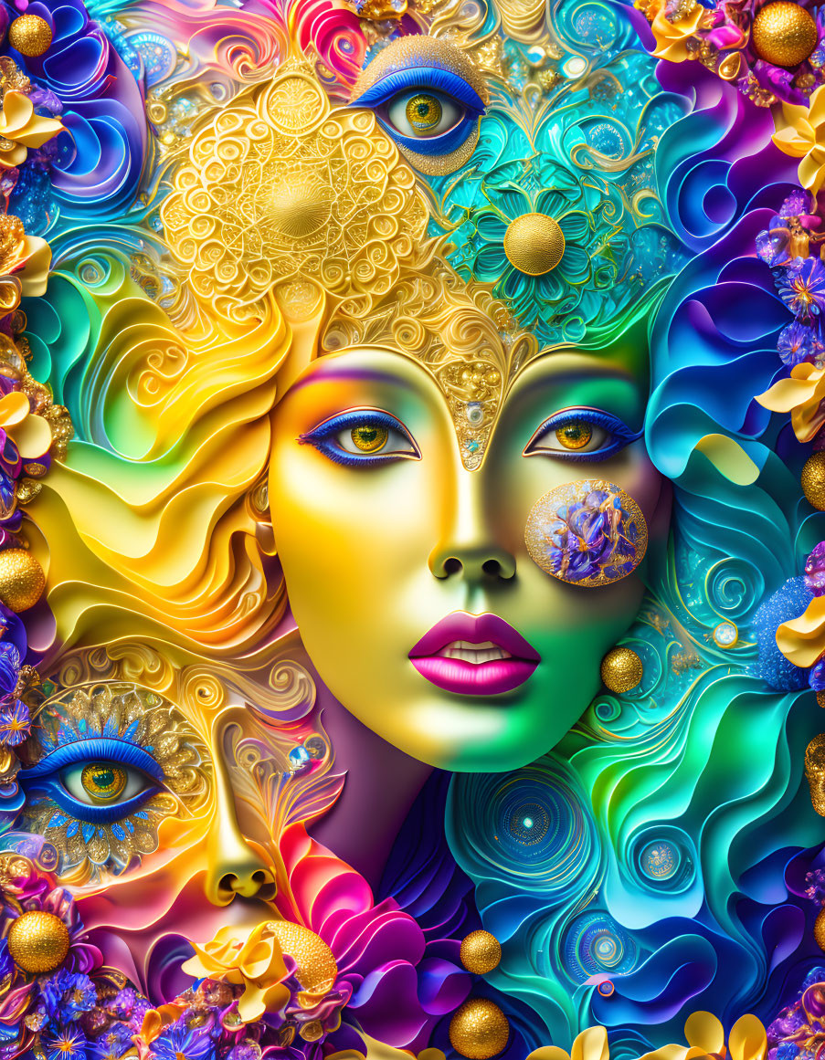 Colorful digital artwork: surreal female face with floral patterns