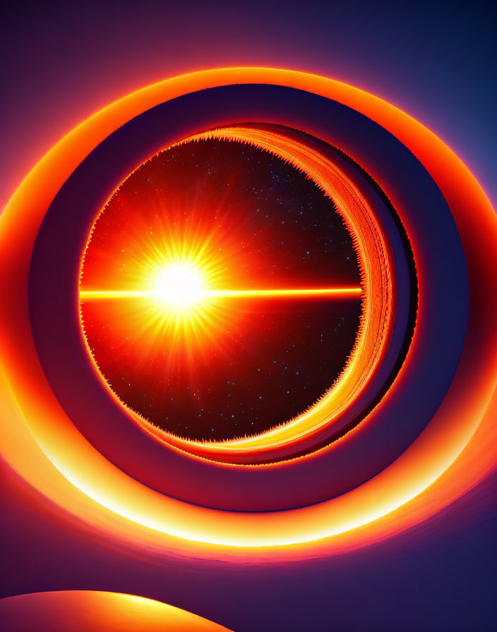 Abstract orange and red concentric rings with bright central flare on starry background