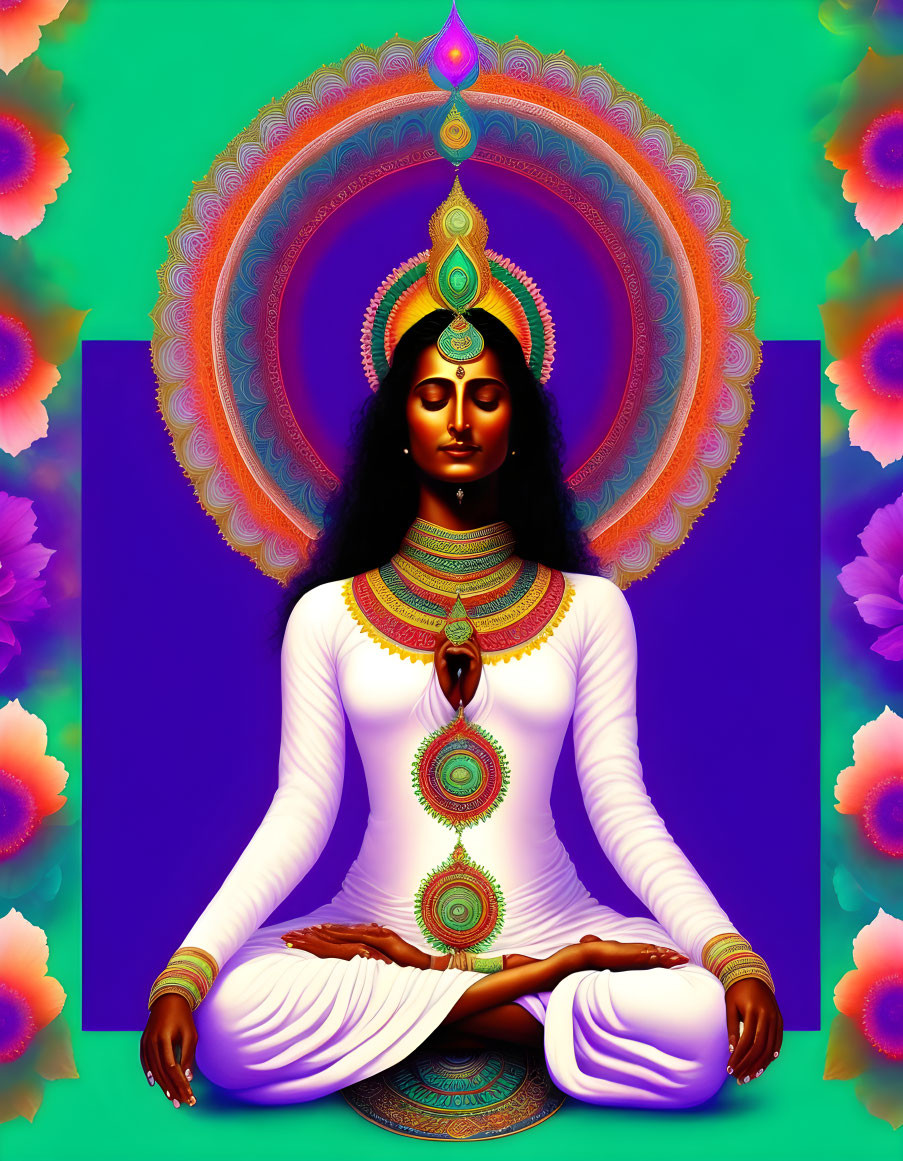 Meditating figure with ornate chakras on vibrant background