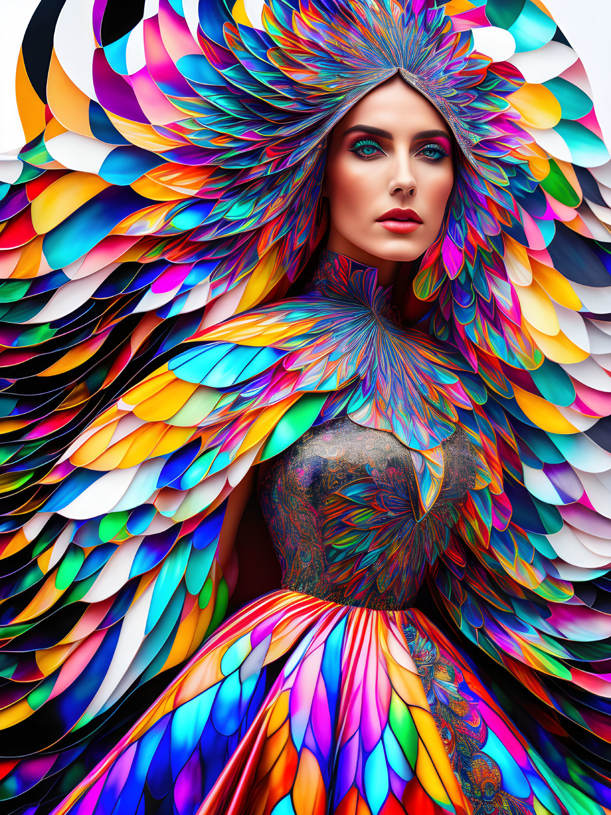 Colorful Feather Costume Portrait of Captivating Woman