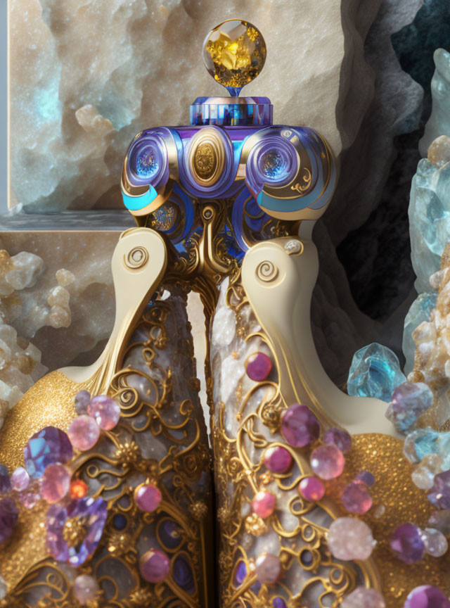 Ornate fantasy object with gold and purple gems on reflective surface surrounded by swirling golden structures and crystals