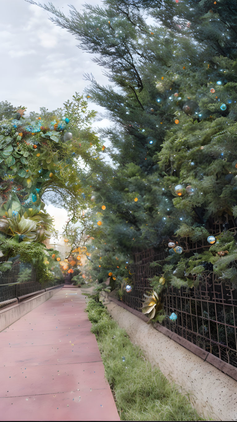 Festive red pavement pathway with metal fence and decorated evergreen trees