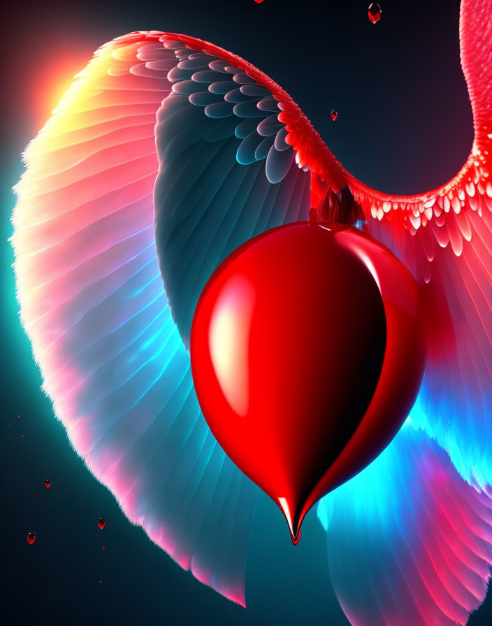 Shiny red heart with wings and droplets on dark gradient background