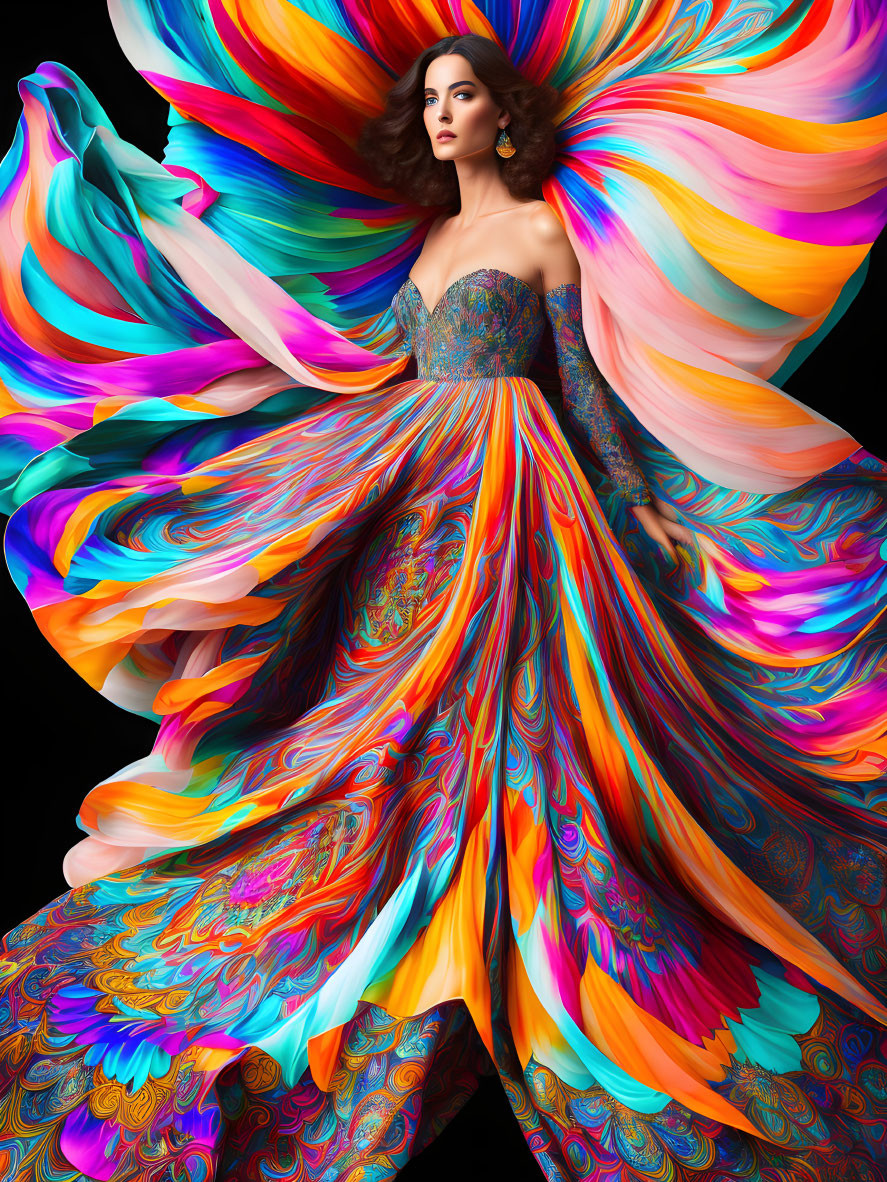 Colorful flowing gown on woman against dark background