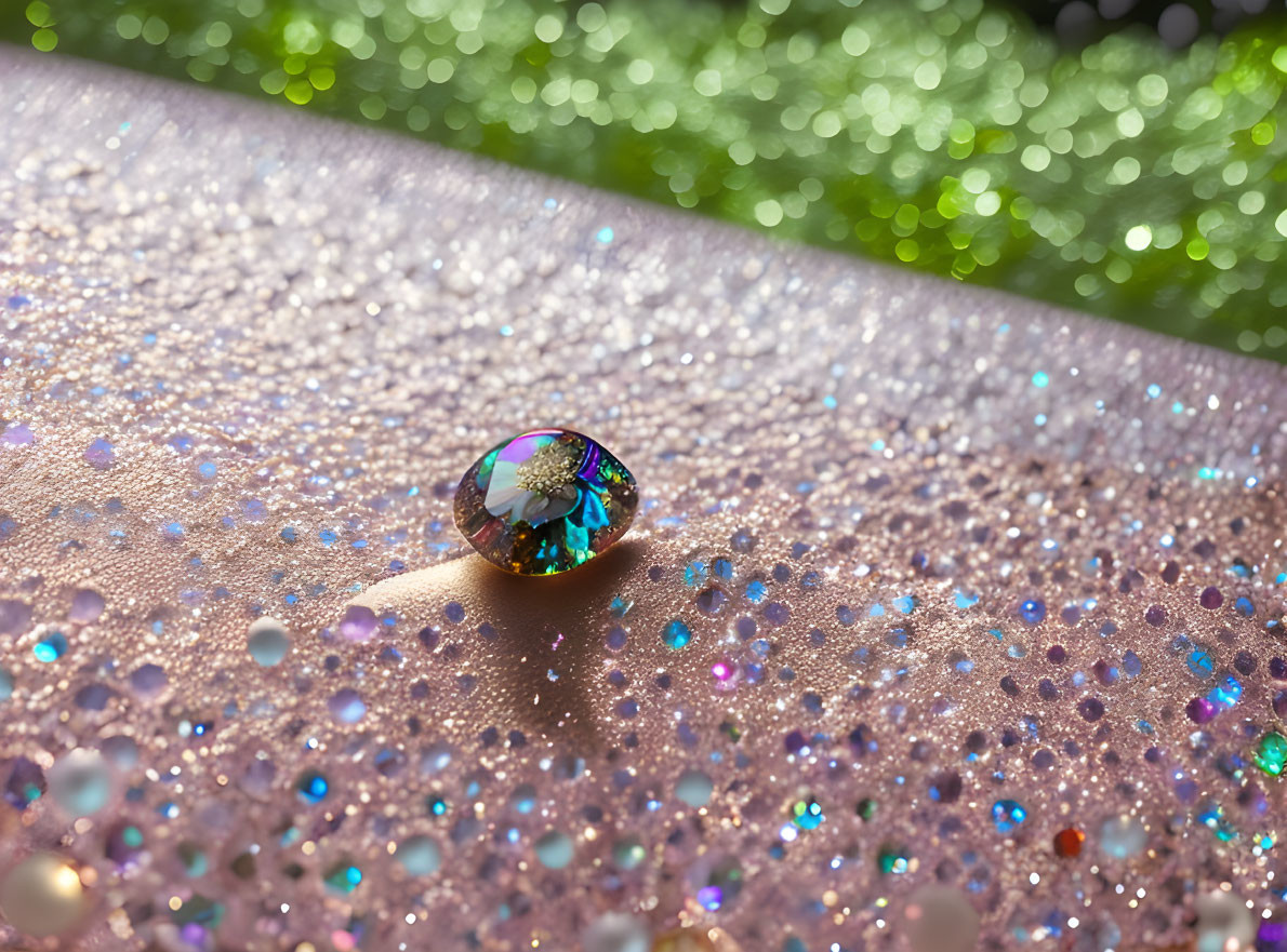 Water Droplet on Sparkling Surface with Colorful Reflections and Blurred Green Background