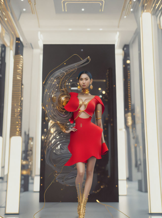 3D-rendered image of woman in red dress in luxurious interior