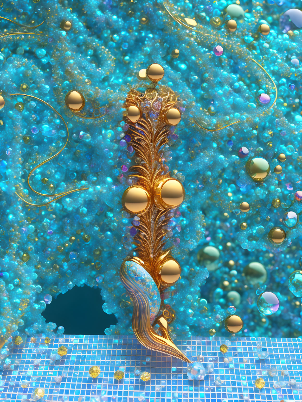 Abstract 3D Image: Golden ornate structure in turquoise sea with colorful orbs