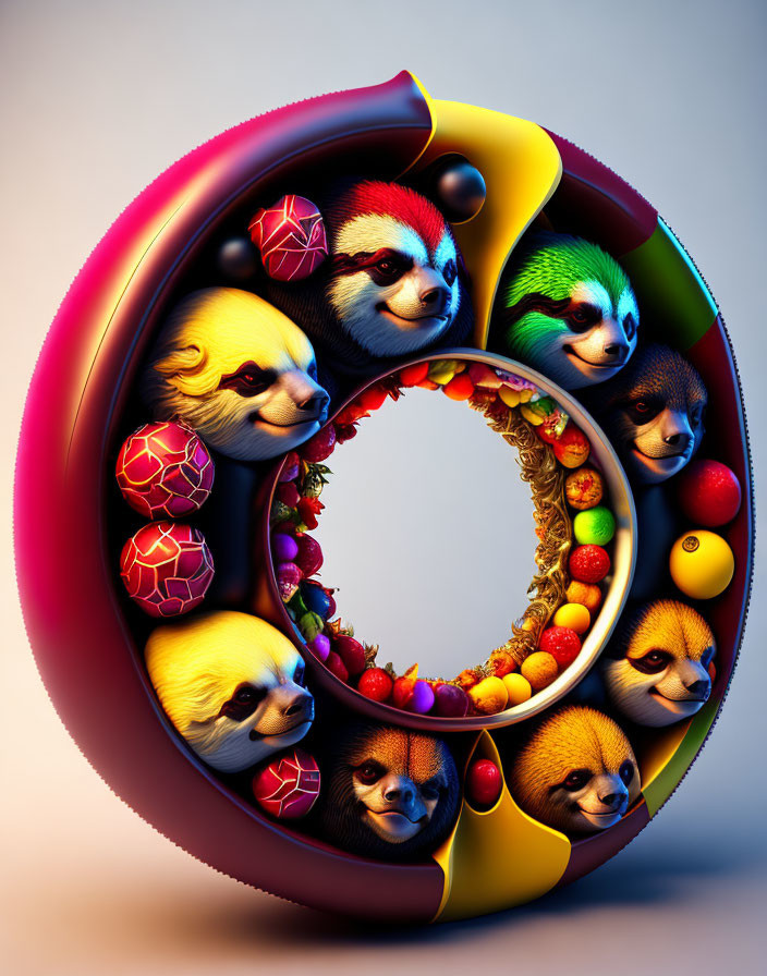 Vibrant digital artwork: Cartoonish meerkats spiral with spheres in reflective "G