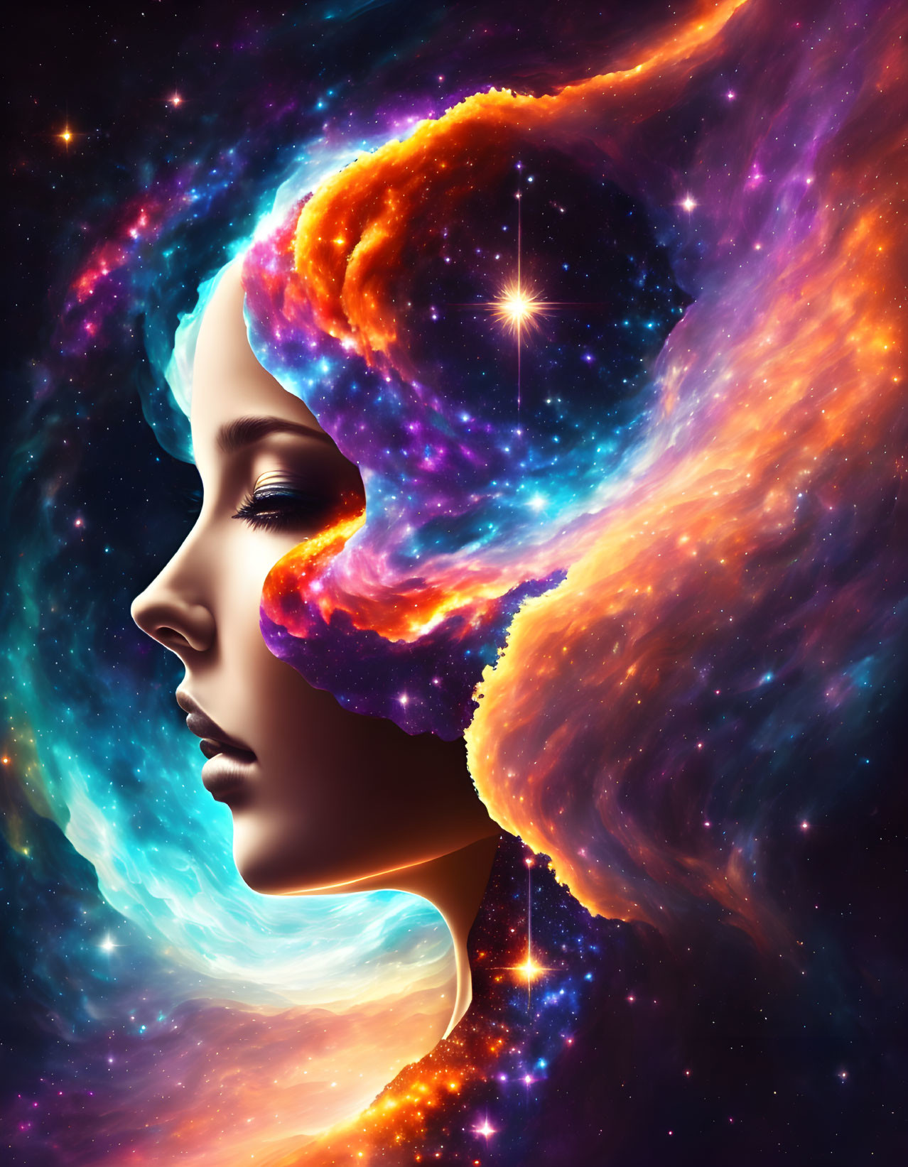 Portrait of Woman's Face Blending Into Cosmic Scene