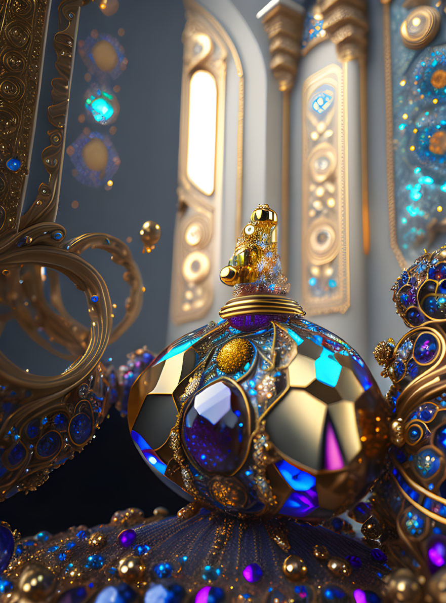 Opulent golden and blue sphere in ornate room with intricate jewels