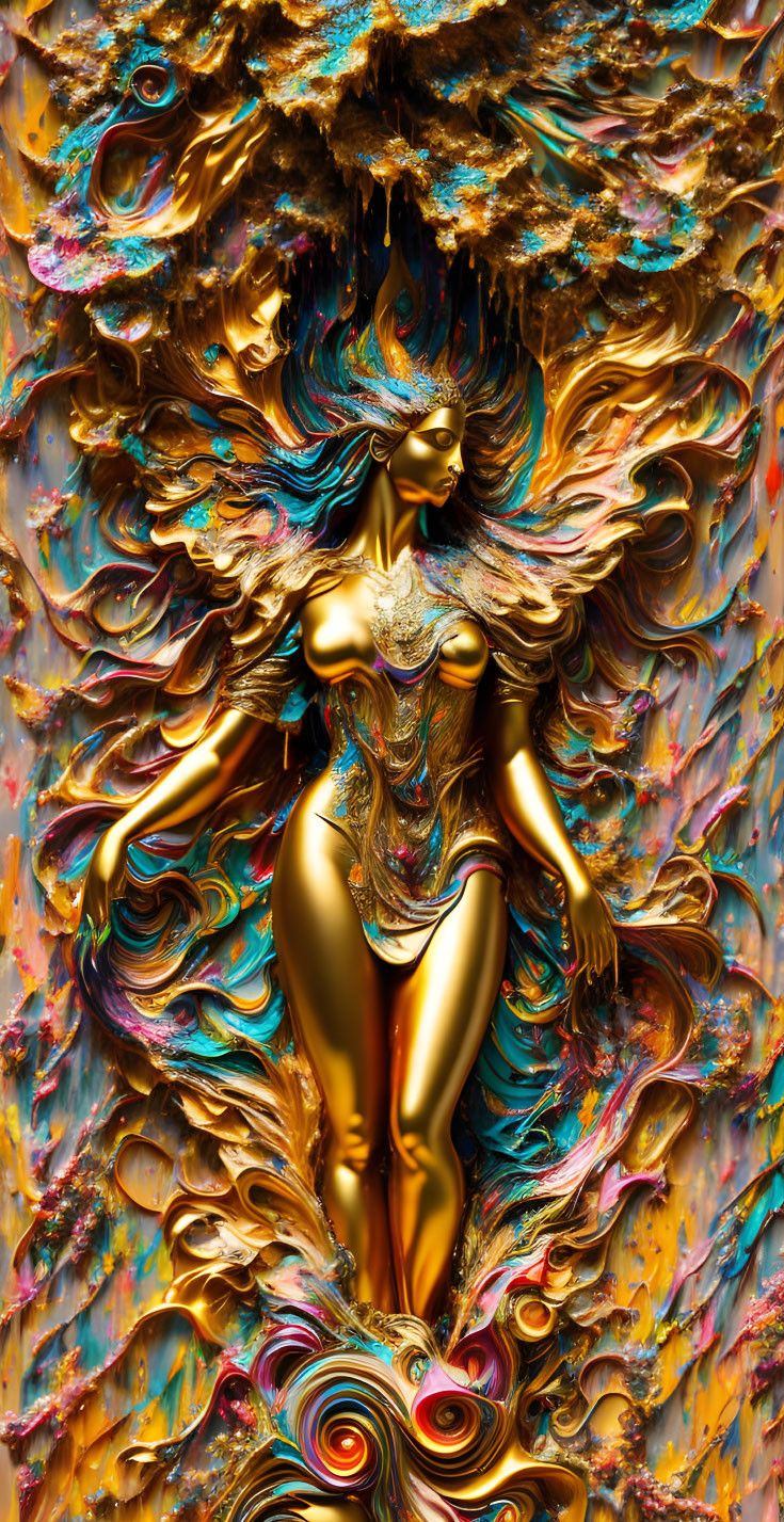 Abstract art: Golden female figure in swirling colors and textures