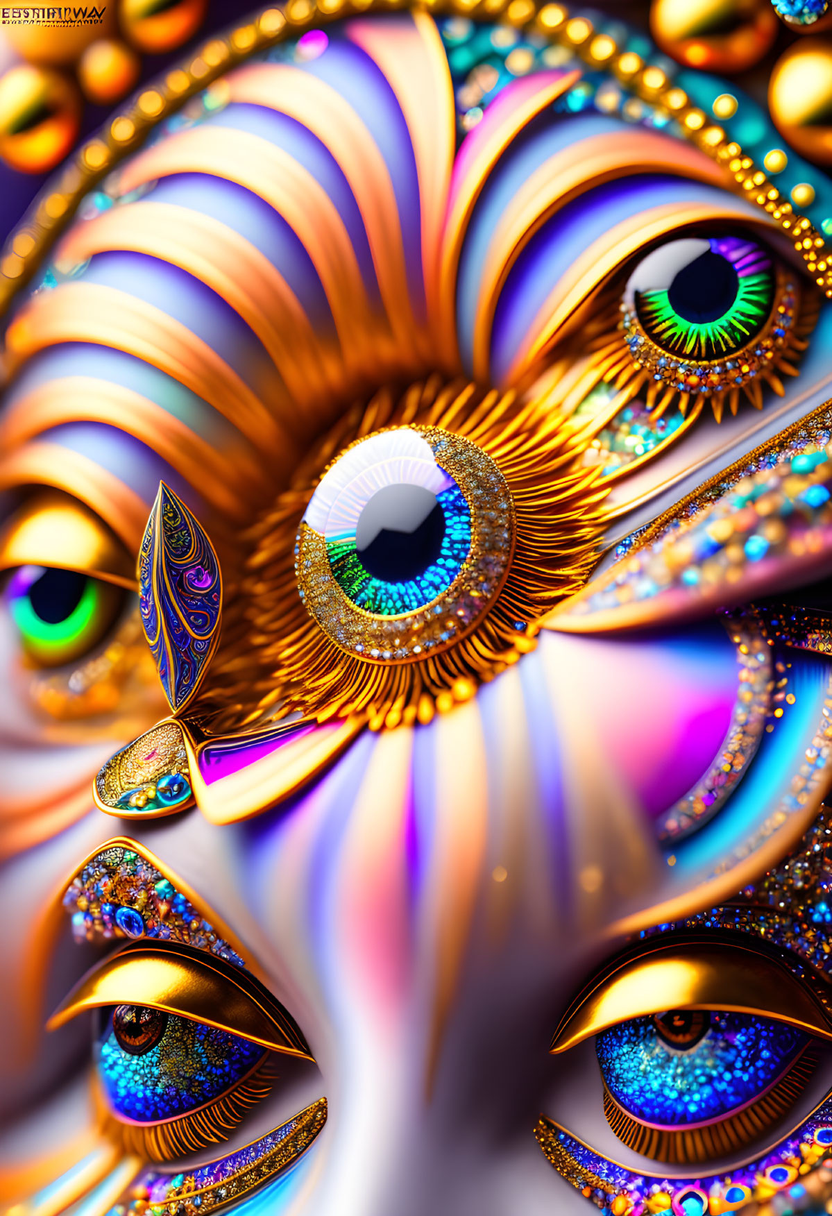 Colorful fractal art: Multiple stylized eyes with iridescent colors and intricate patterns.