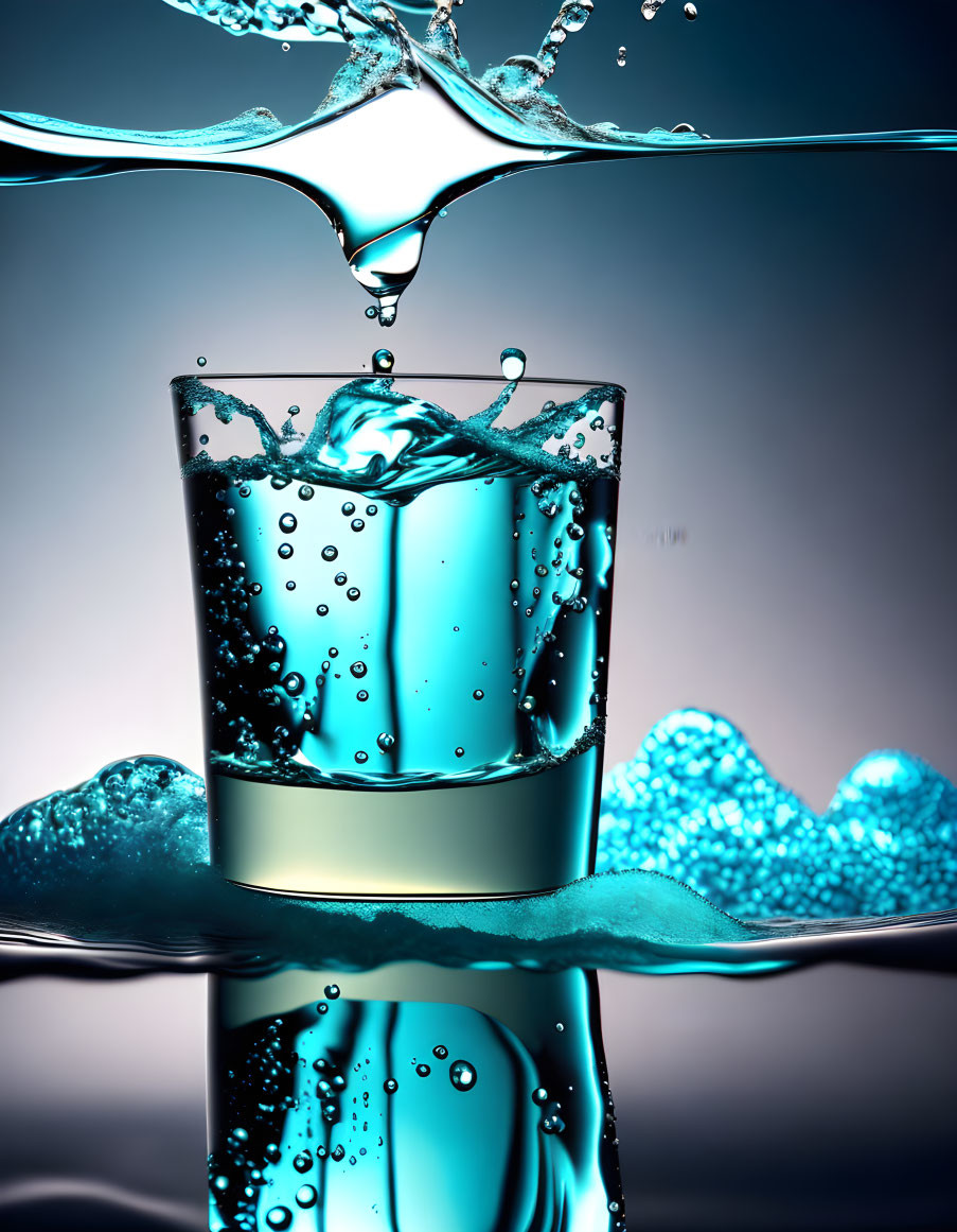 Blue liquid glass with droplet splash on gradient background