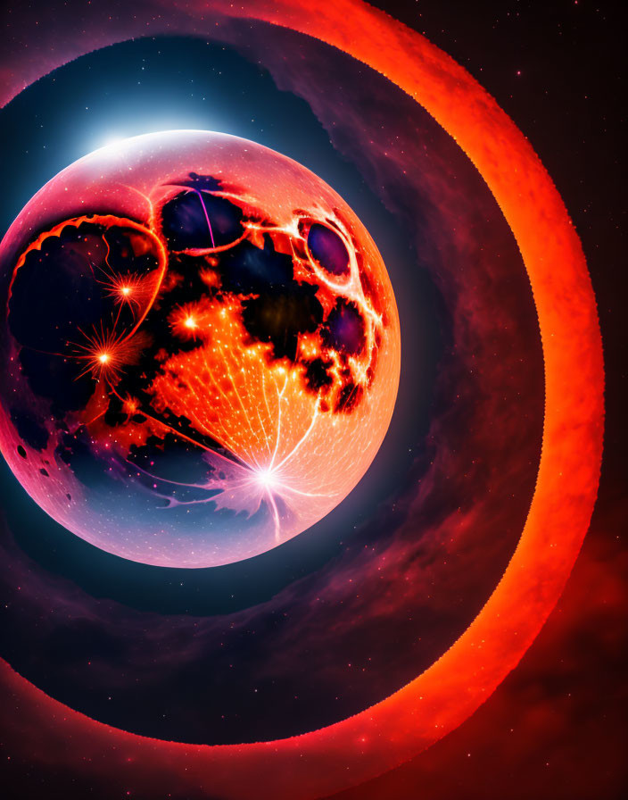 Celestial digital artwork of fiery planet with glowing rings in red space