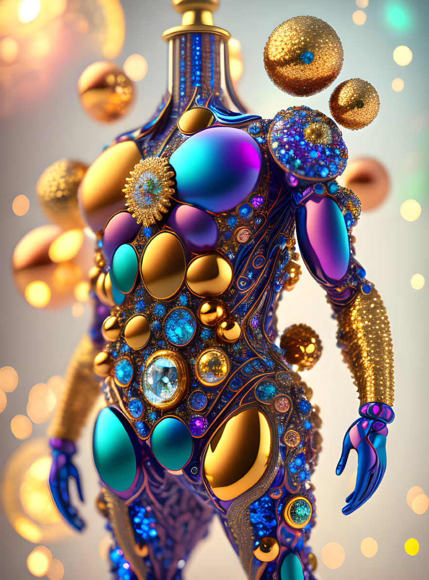 Colorful digital art: humanoid figure with abstract, jeweled features and golden orbs on soft-focus backdrop