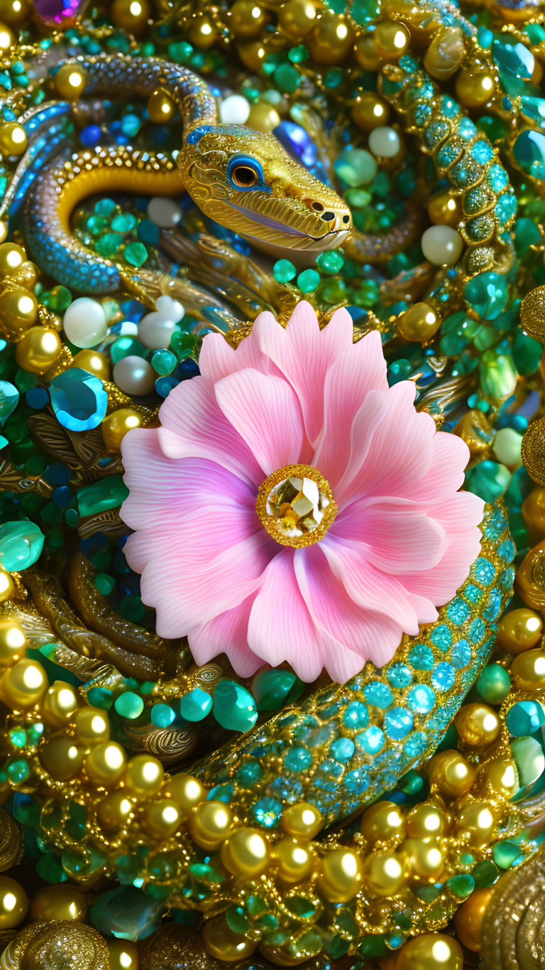 Colorful artwork: Golden snake in turquoise chains around a pink flower.