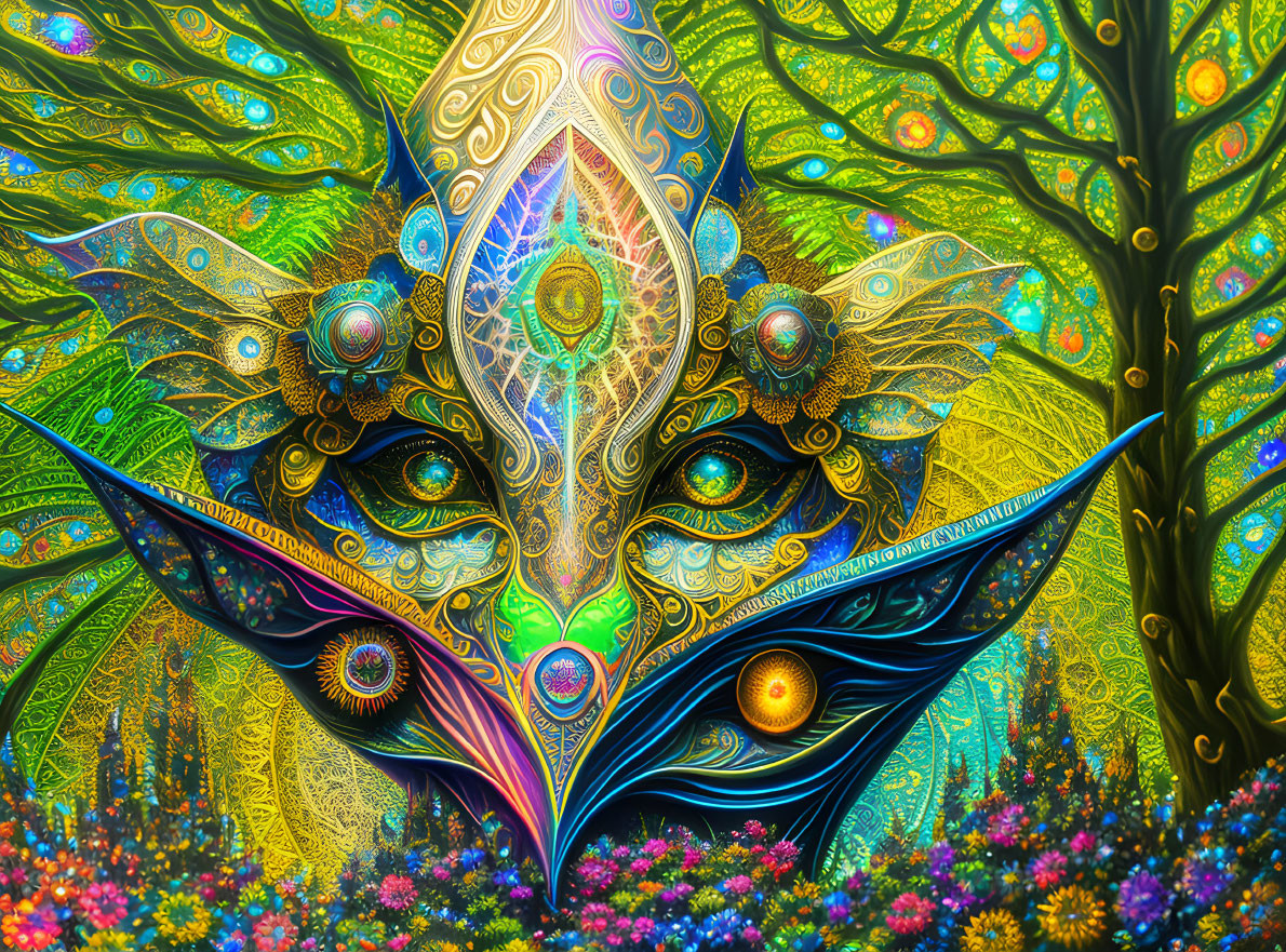 Colorful Psychedelic Art: Ornate Mask Figure with Peacock Feathers in Fantasy Forest