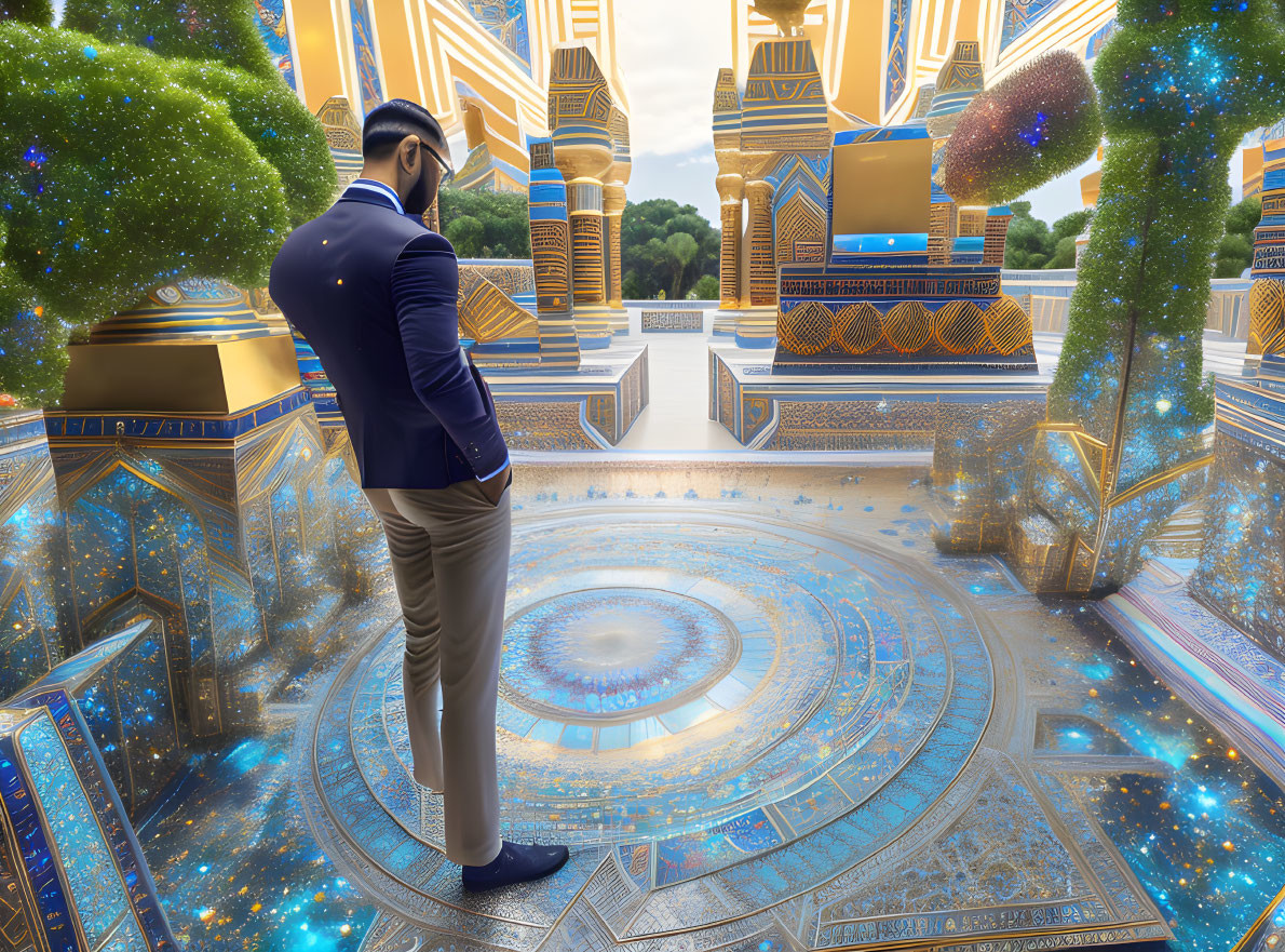 Man in Blue Suit Observes Futuristic Plaza with Golden Structures