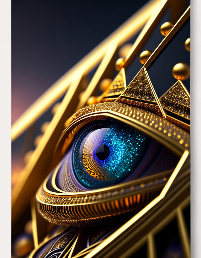 Detailed illustration of stylized eye with gold patterns and blue iris on dark background