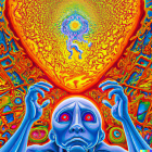 Colorful Psychedelic Painting with Blue-Faced Figure and Cosmic Patterns