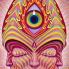 Symmetrical psychedelic portrait with intricate patterns and vivid colors