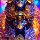 Colorful Digital Artwork: Three Symmetrical Faces with Elaborate Headdresses