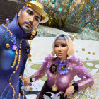 Stylized futuristic characters in royal sci-fi attire on ornate golden backdrop