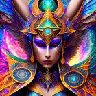 Colorful digital artwork: Serene figure with symmetrical patterns and third eye against cosmic background