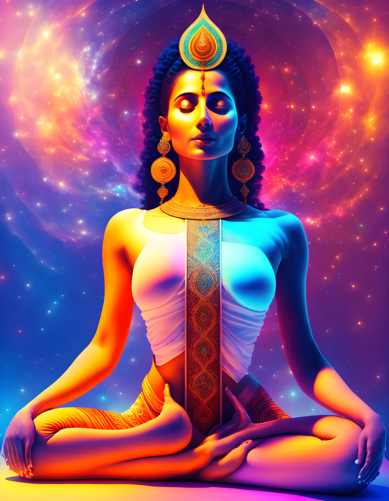 Blue-skinned, four-armed figure meditating in cosmic setting with glowing diya