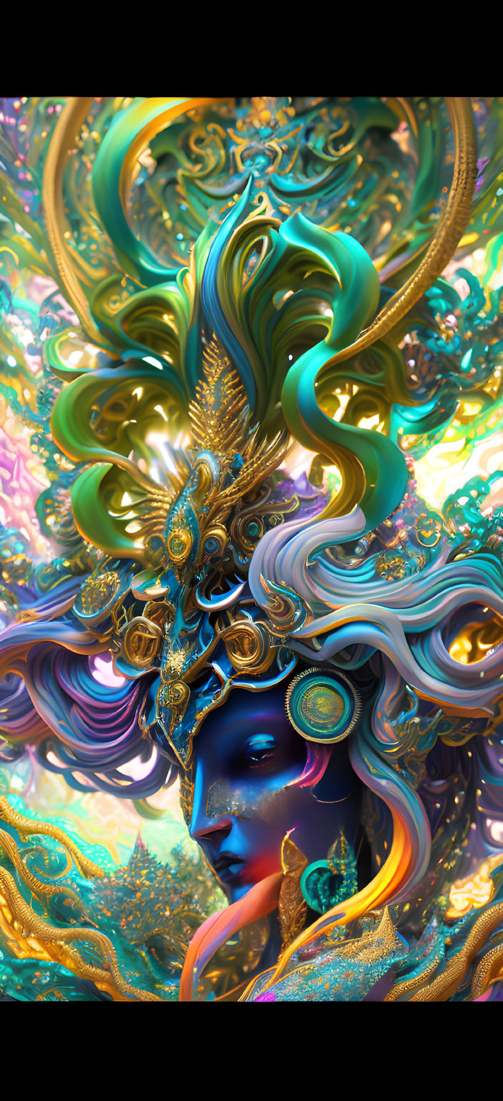 Colorful digital artwork: Blue-faced figure with intricate golden headdress.