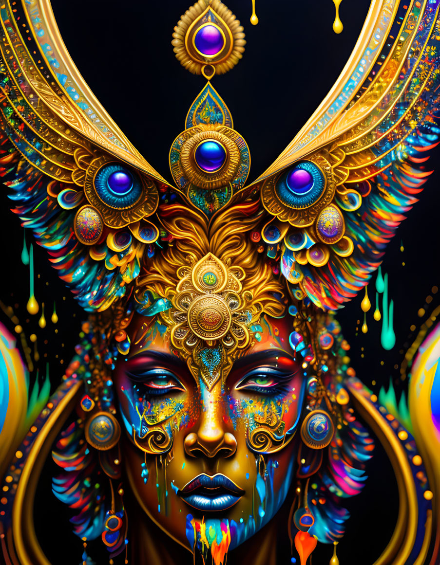 Colorful digital artwork of figure with gold & jewel-toned details