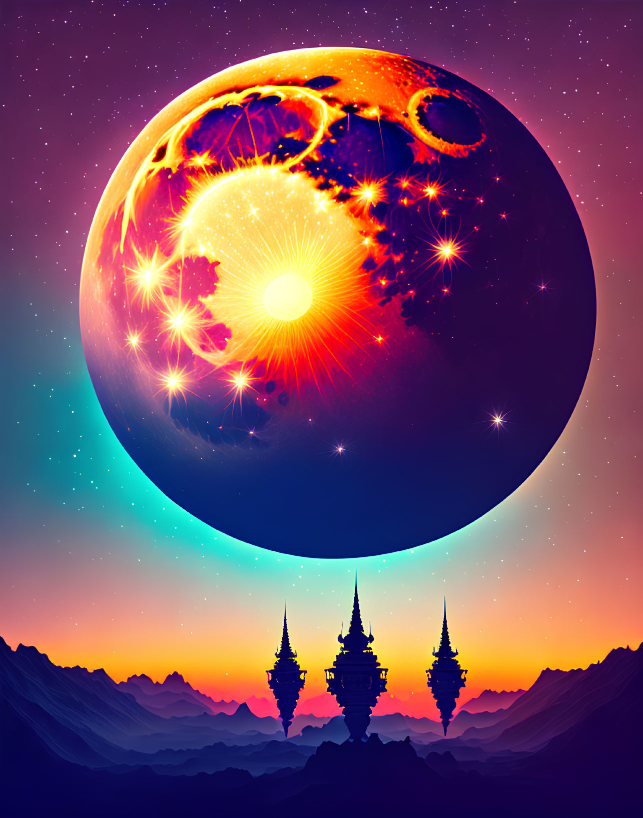 Digital artwork: Colossal fiery planet near fantasy spires in twilight sky