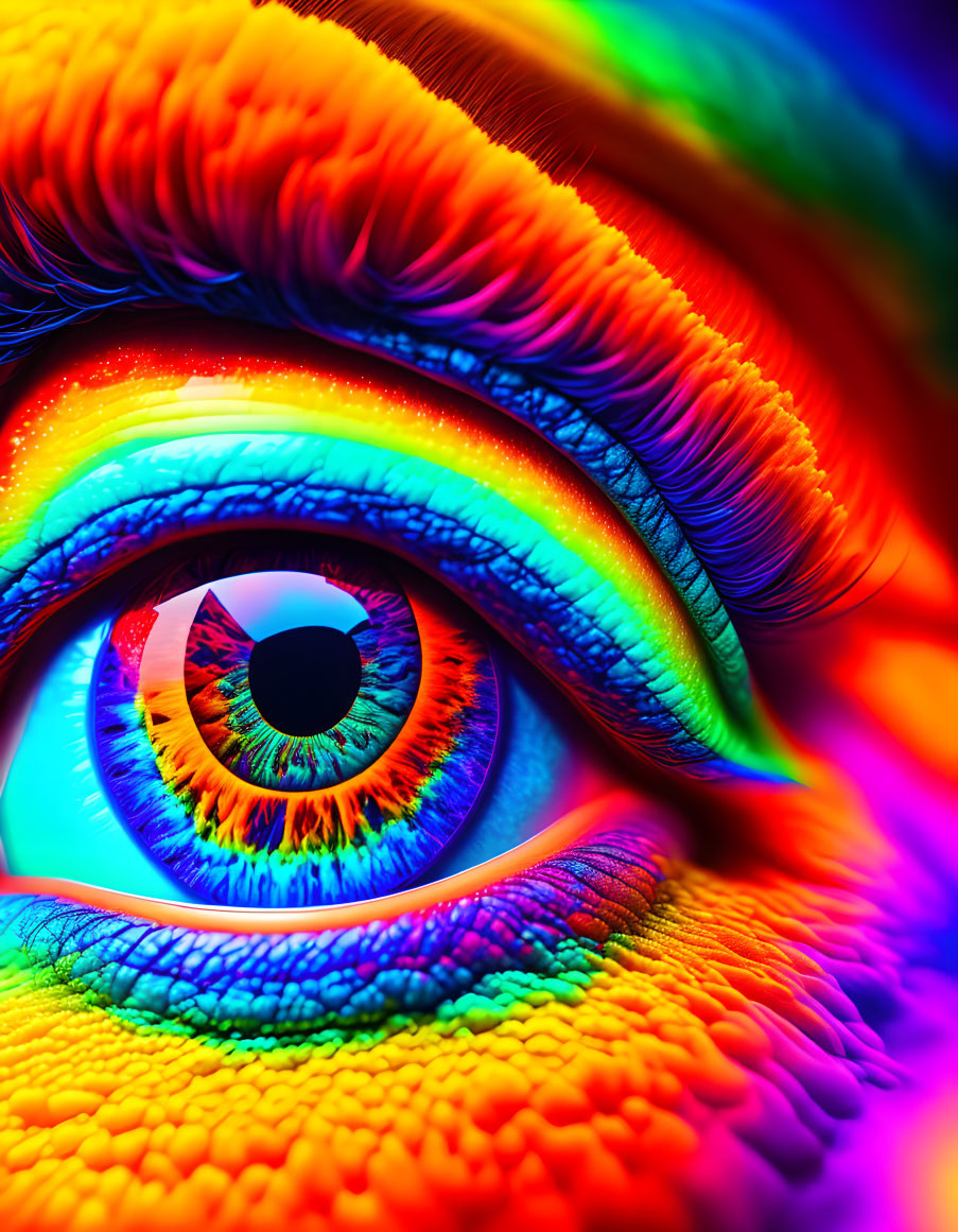 Close-up of human eye with multicolored feather-like patterns for a vibrant rainbow effect