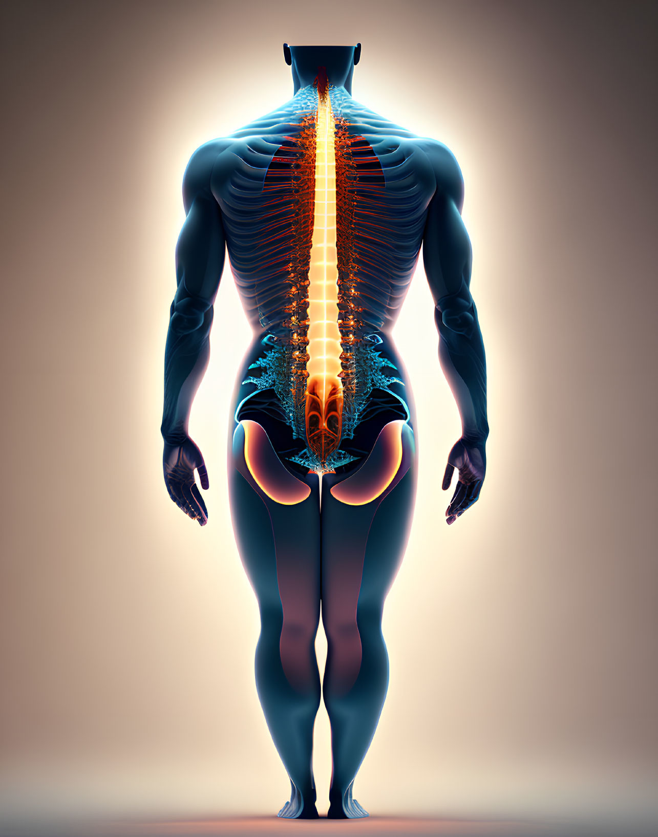 Detailed digital illustration of highlighted muscular system and spine in human body.