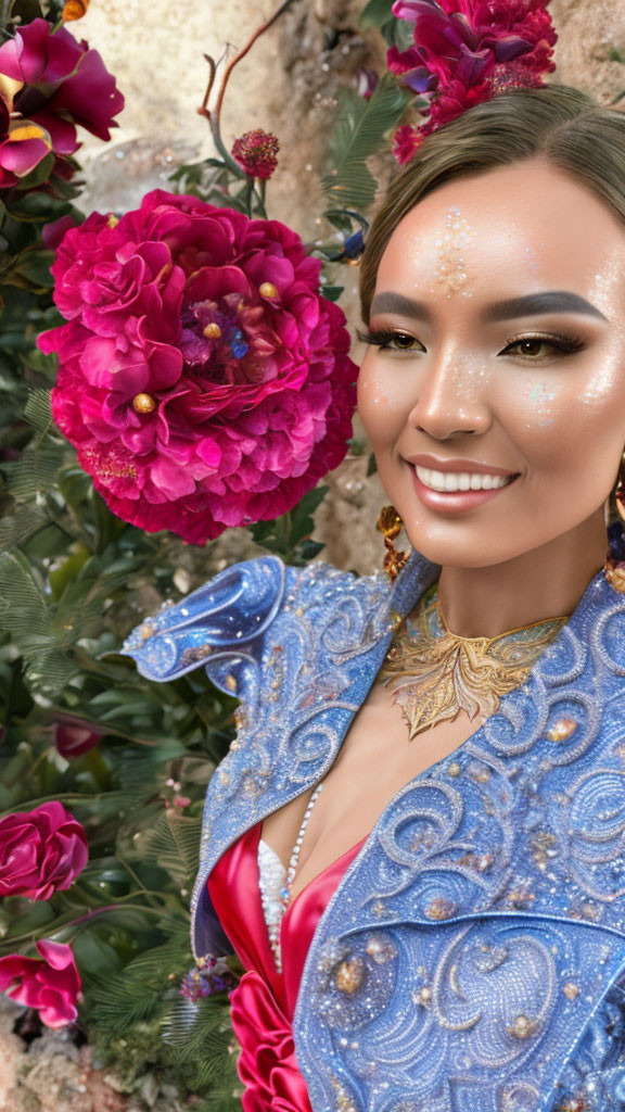 Blue and Gold Outfit with Glitter Makeup Next to Red Flowers and Green Foliage