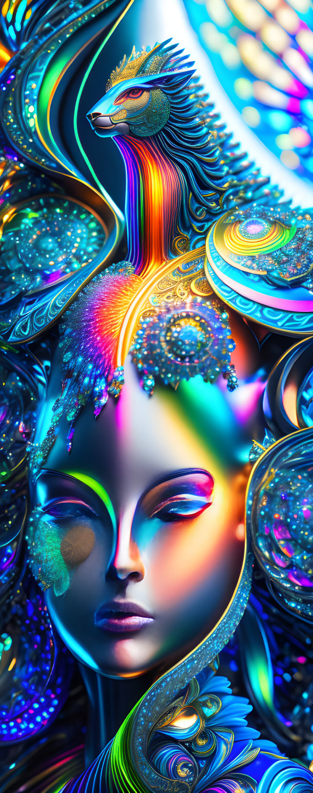 Colorful digital artwork: Stylized female face with ornate peacock headdress