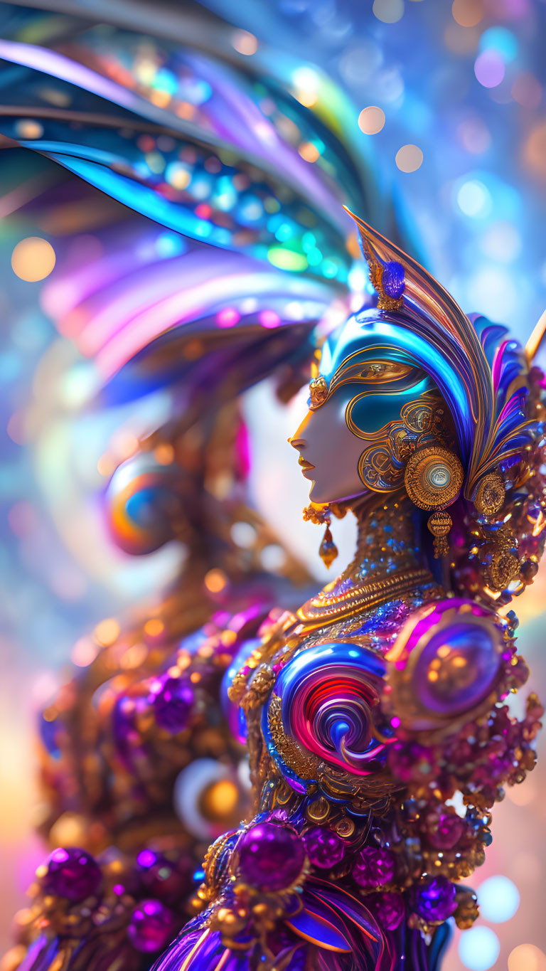 Digital Artwork: Figure in Elaborate Armor with Iridescent Wings