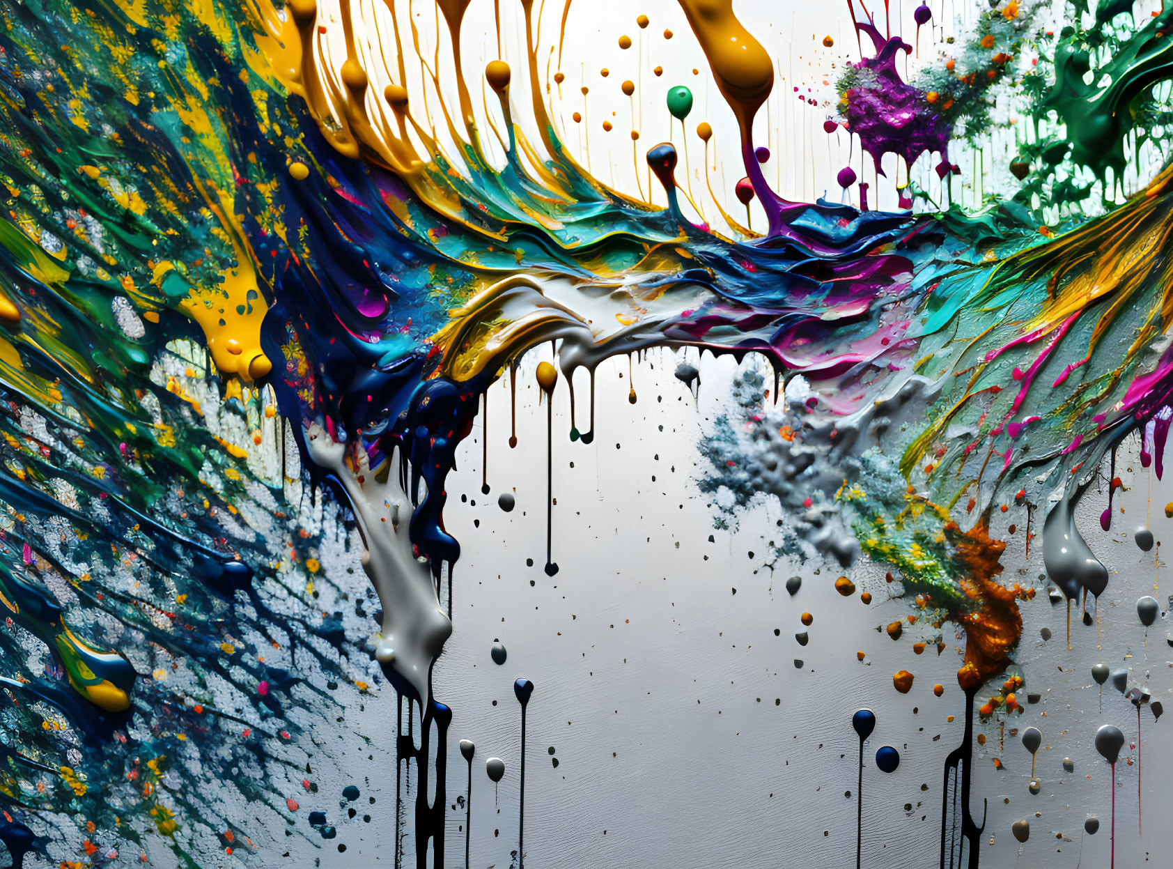 Vibrant multicolored paint splashes on white background.