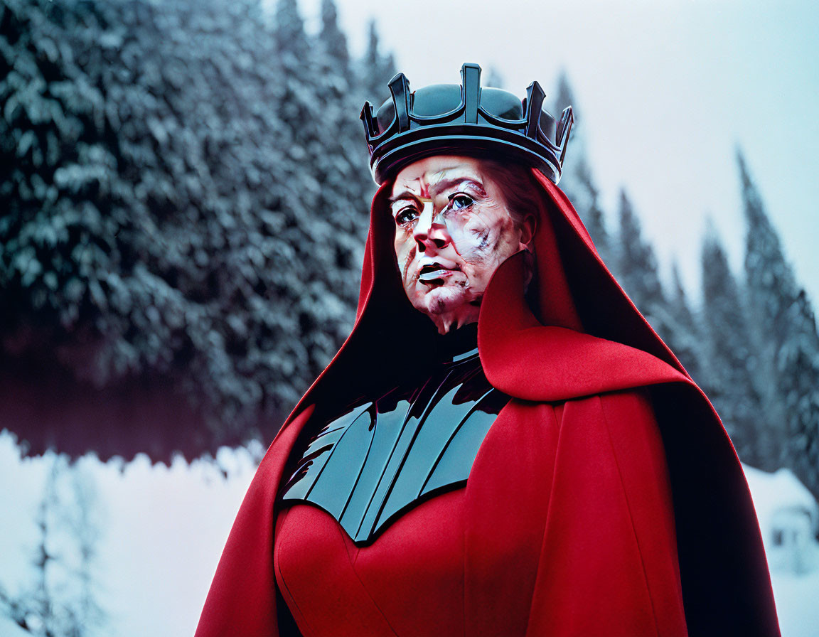 Royal figure in crown and red cape against snowy forest backdrop with stern expression and scarred face