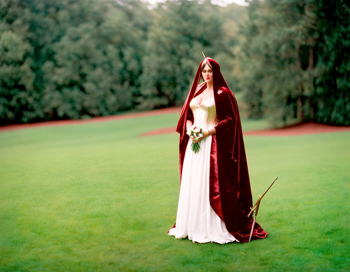 Medieval woman in bridal attire with red cloak and sword on green lawn.